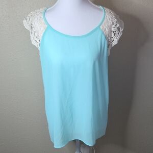 No Boundaries Light Blue Sheer Lace Sleeve Blouse, LG (11-13), Like New!